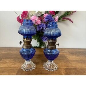 Vintage Cobalt Blue Mini Oil Lamps Pair Ribbed Glass Boopie Glass Base MCM Decor